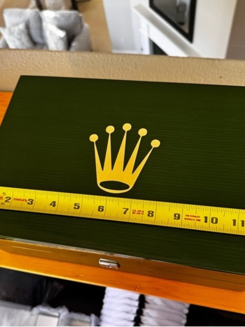 Rolex Green Box with Gold Crown and White Gloves